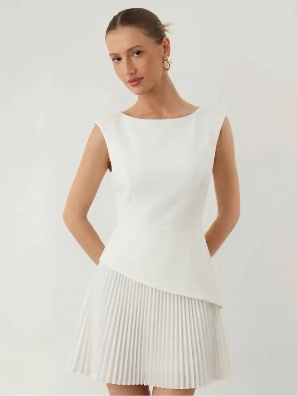 Cider Boat Neck Pleated A-Line Mini Dress